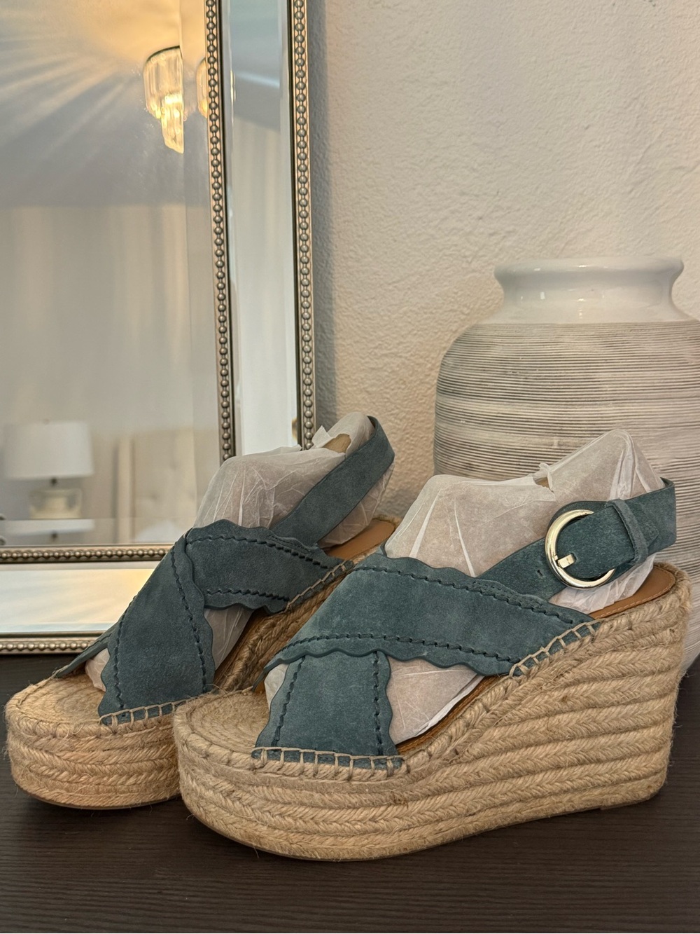 Marc Fisher Dusty Bkue Suede Espadrille Wedge Sandals with Braided Jute